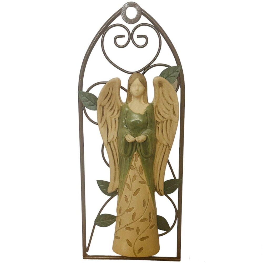 Indoor Outdoor Ceramic And Metal Angel Wall Hanging Mounted Home Garden Decor